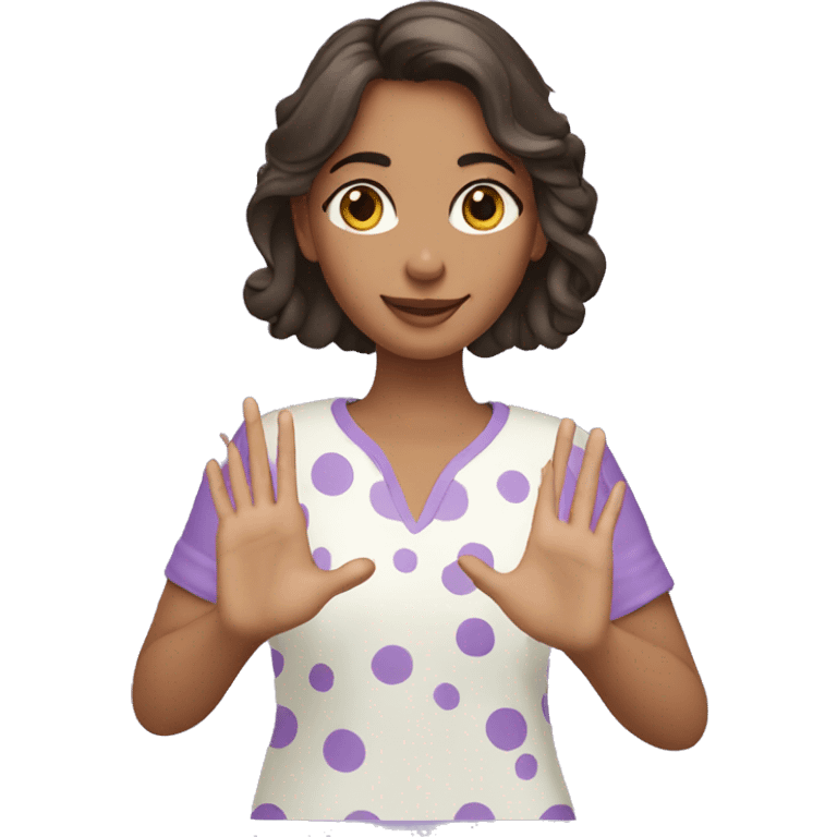 A girl with lavender kurti white spots showing three fingers in one hand emoji