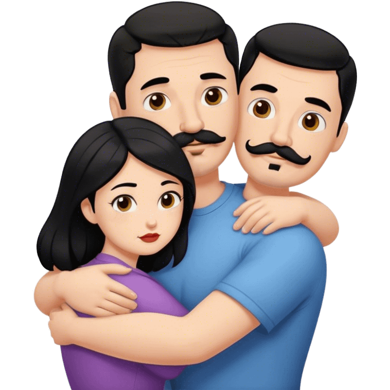 Tall strong white man with dark brown mustache goatee hugging a chubby short pale woman with long black hair emoji