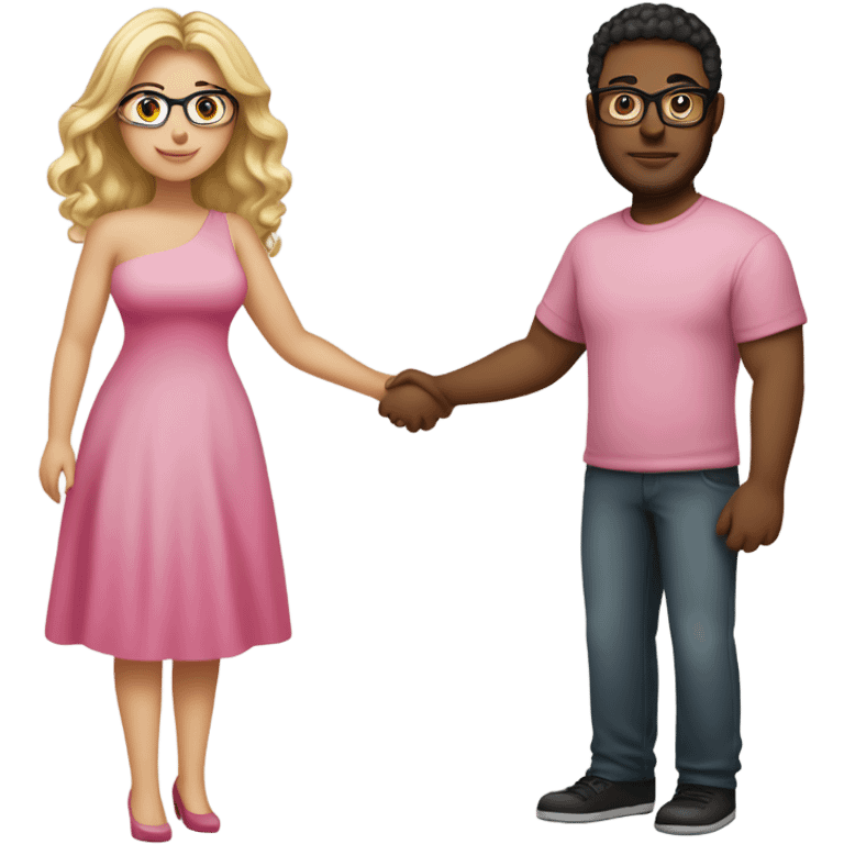 Curvy woman not wearing glasses with long blonde hair and green eyes wearing a pink dress and holding hands with a brown man with short curly black hair and glasses emoji