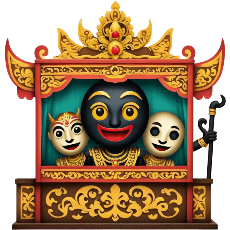 Cinematic Realistic Wayang Kulit Pop Culture Emoji, featuring a vibrant shadow-puppet theatre scene rendered with dynamic textures and artistic, traditional lighting. emoji