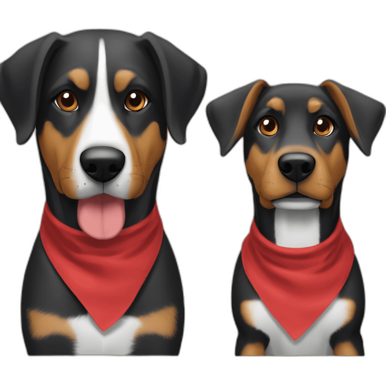 Coonhound and German Shepherd mix dog wearing small plain red bandana walking with left floppy ears emoji