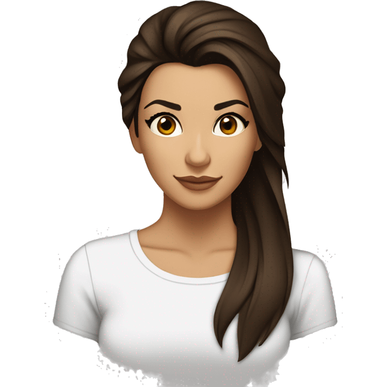 3/4 face, contrasted, shadow, light, Eva Longoria expression, thin nose, brunette woman, hazel eyes, long eyelashes, dark shoulder shaded hair, white t-shirt emoji