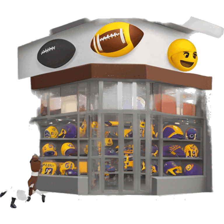 “Football store exterior with bold signage, large windows showcasing football gear, jerseys, and accessories, and a dynamic, athletic design reflecting the energy of the sport.” emoji