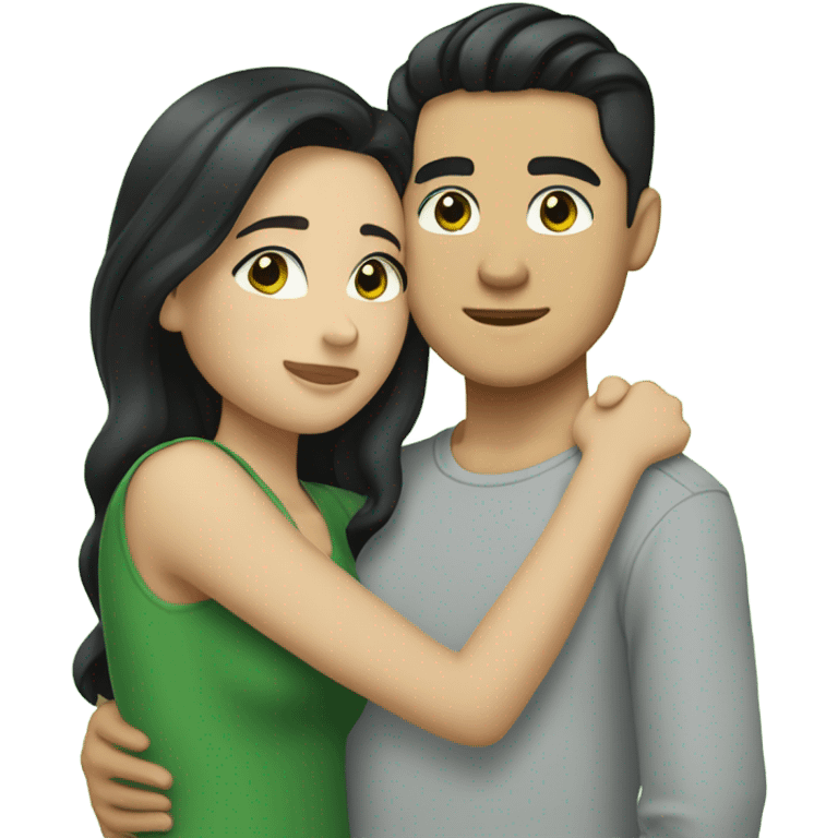 Light skin Asian male with straight black undercut hair and a white brunette female with green eyes and long wavy hair tightly hugging each other  emoji