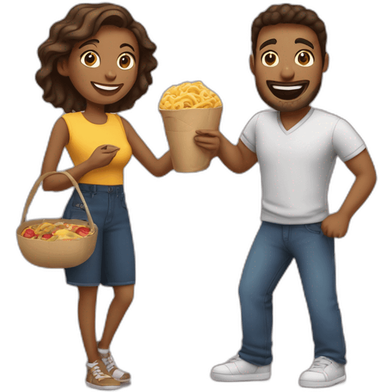 man and woman friends with camera in one hand and food in other hand, happy smiling emoji