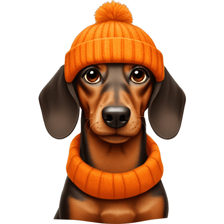 Dachshund wearing orange beanie emoji