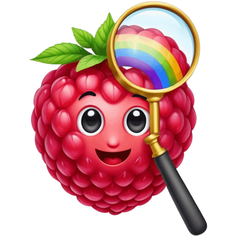 a raspberry holds an rainbow colored magnifier emoji