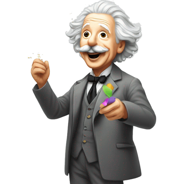 happy albert einstein shooting colorful confetti popper with partty baloons emoji