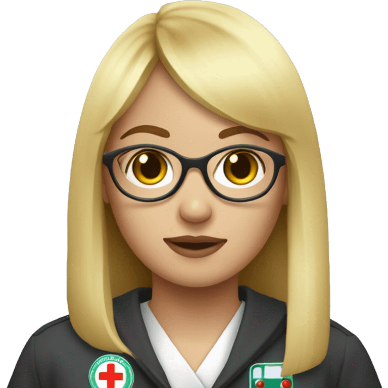 blonde straight hair girl with bangs, round eyeglasses, with ambulance rescuer robe emoji