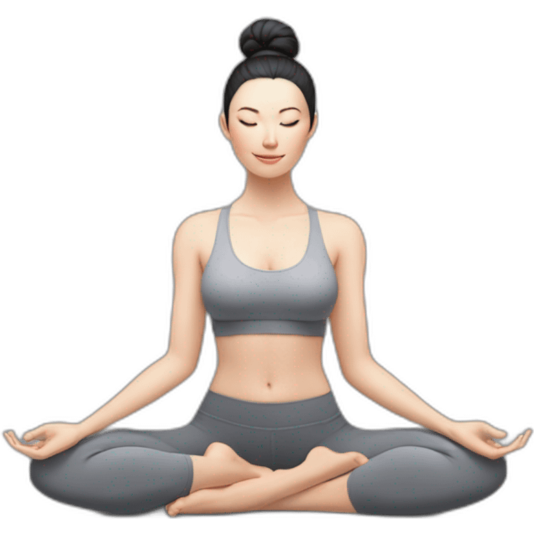 Pale skinned fit woman In a gray tight yoga suit and wristbands With black hair in a bun sits in the lotus position emoji