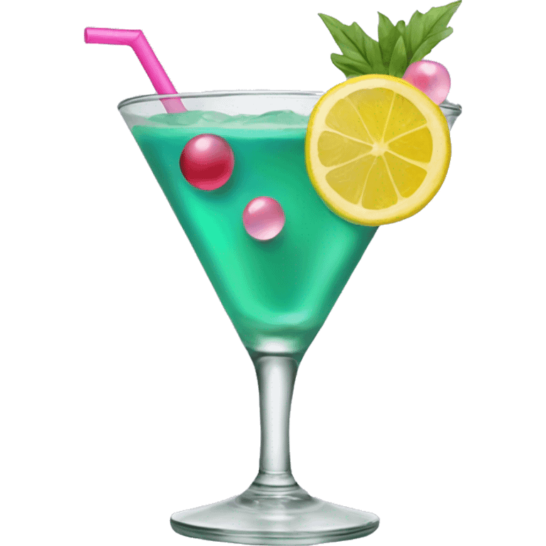 Bluish green cocktail with pink and yellow emoji