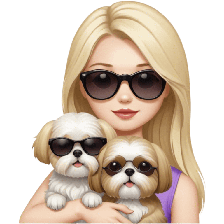 Blonde girl with long hair and pale skin and sunglasses holding Shih Tzu without glasses  emoji