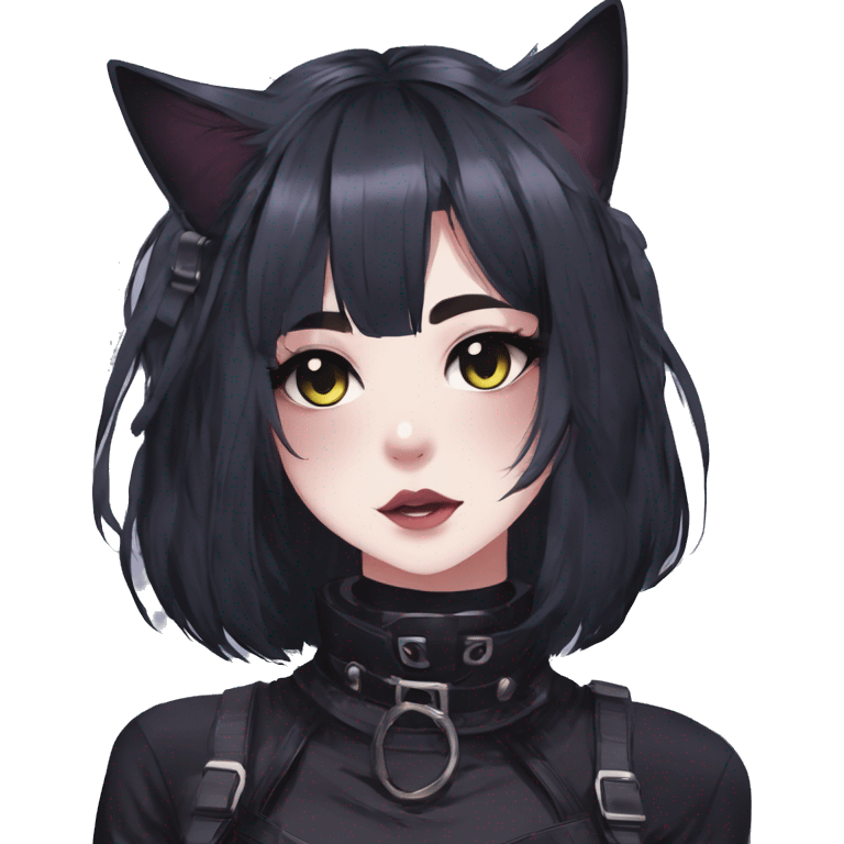 Gorgeous gothic dark techwear anime style anthro black cat with blushing face aesthetic and pretty edgy black with collar and harness trending style emoji