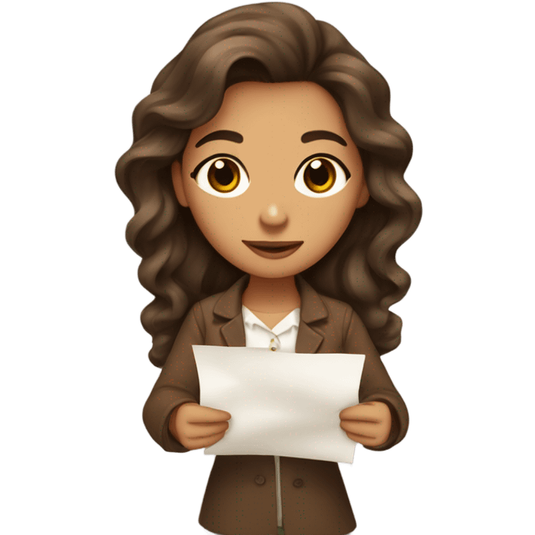 girl with olive skin, brown eyes and brown long wavy hair, an a bow holding papers emoji