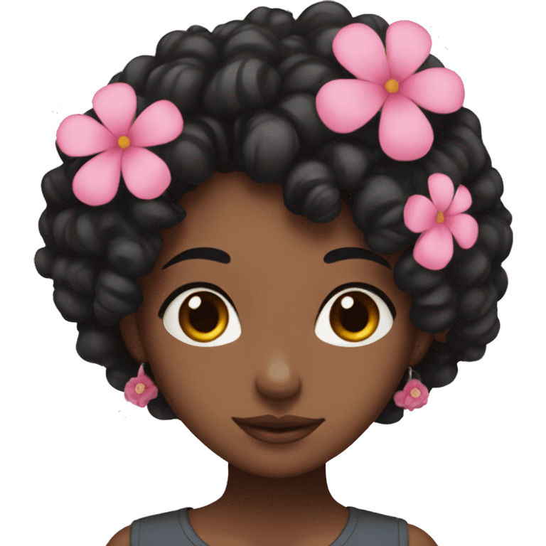 girl with black curly hair and pink flowers  emoji