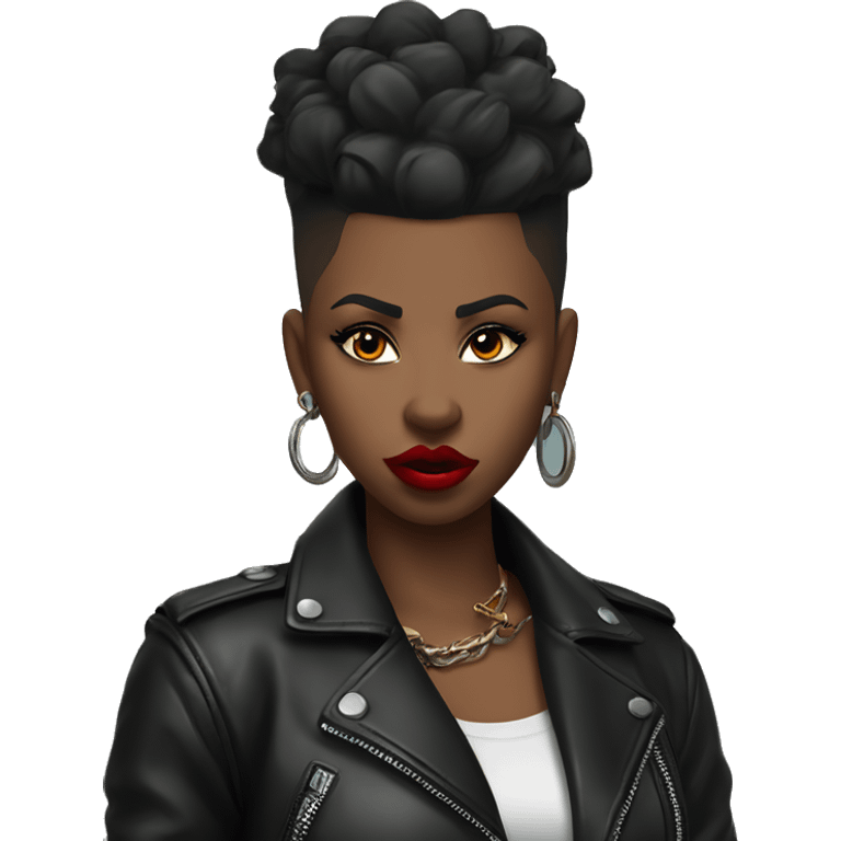 Baddie black girl Mohawk leather jacket hoop earrings red lipstick  emoji