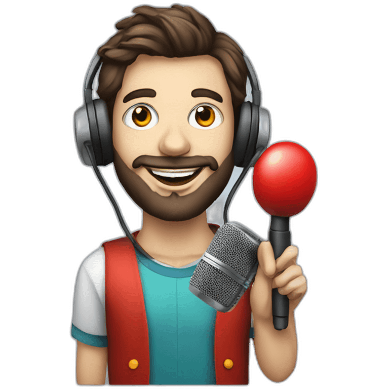 young brunette radio presenter with beard and with radio station  microphone in his hand with his face made up as a clown emoji