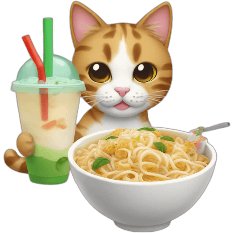 cat eating noodles next to bubble tea emoji