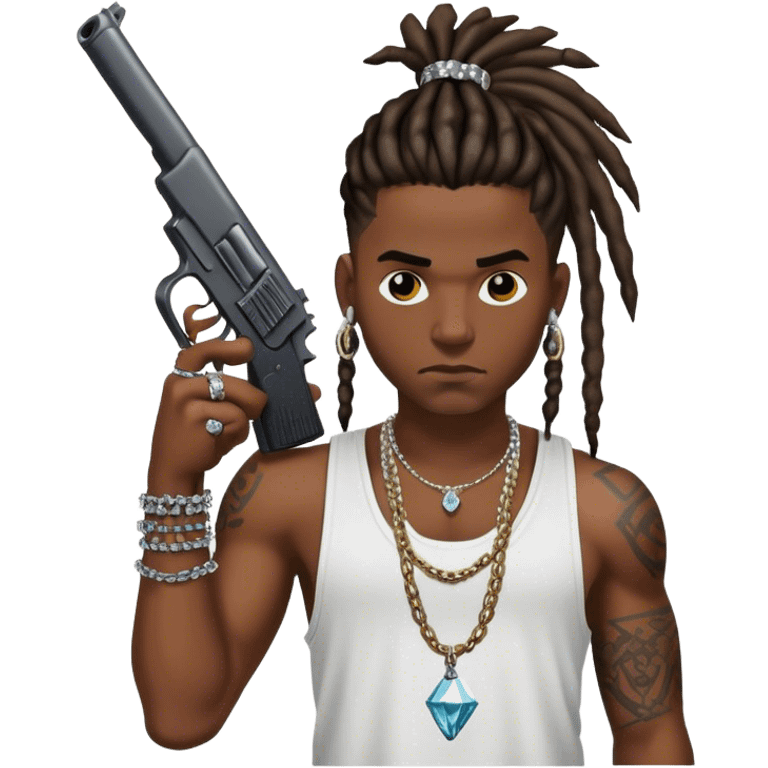 african-american race pig with dreads looking gangster with gun and tank top, with diamond blinging chain, with tattoos emoji