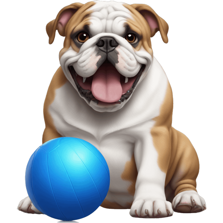 English bulldog playing with big blue ball emoji