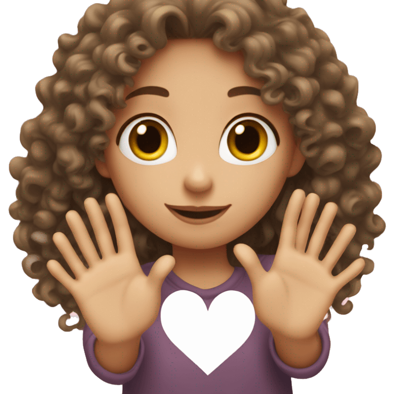 A girl with curly hair and white skin making a heart with her hands emoji