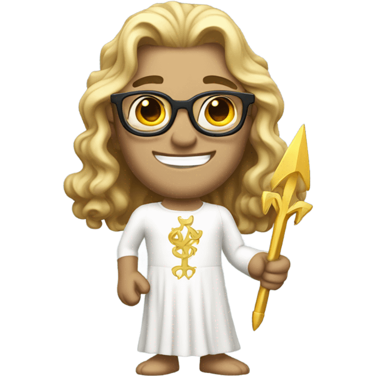 white Poseidon with gold Trident and nerd glasses. long hair white dress. smile . wink. pointing us emoji