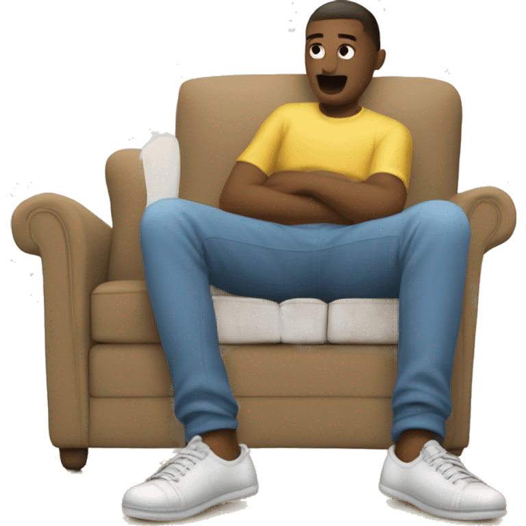 The image show a legs sitting on couch. They are wearing a dirty socks and no shoes. Their legs are extended, with one foot up in the air. The person is wearing white socks with the sole of the foot visible, one of which is on the floor. emoji