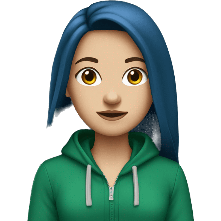 white girl with dark blue long hair wearing unzipped green hoodie emoji