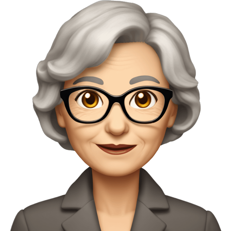 75 years old girl
Short brown hair with bob styling
light skin small square 
glasses with refined frame
Brown eyes with cat eye liner emoji