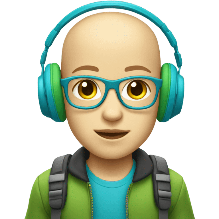 bald child with big blue and green headphones with slighlyn yellow skin emoji