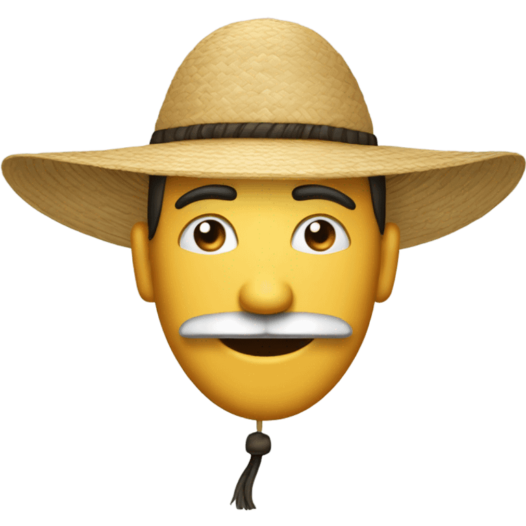 A generic emoji face with horizontal lines for eyes and a droopy horseshoe mustache, slightly smiling, wearing a traditional oriental rice hat emoji