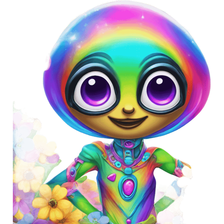 Lisa frank rainbow alien with big oval head and big black eyes with flowers emoji