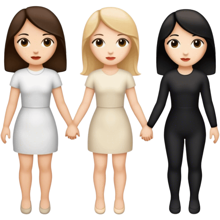 Three women holding hands side by side, all white, one with dark blonde hair, one with black hair, and one with dark brown hair emoji