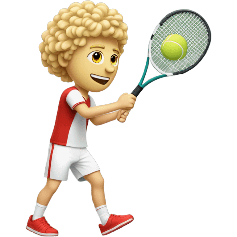 joueur de tennis homme blond avec cheveux frisé qui tiens une seule raquette de tennis rouge habillé  emoji