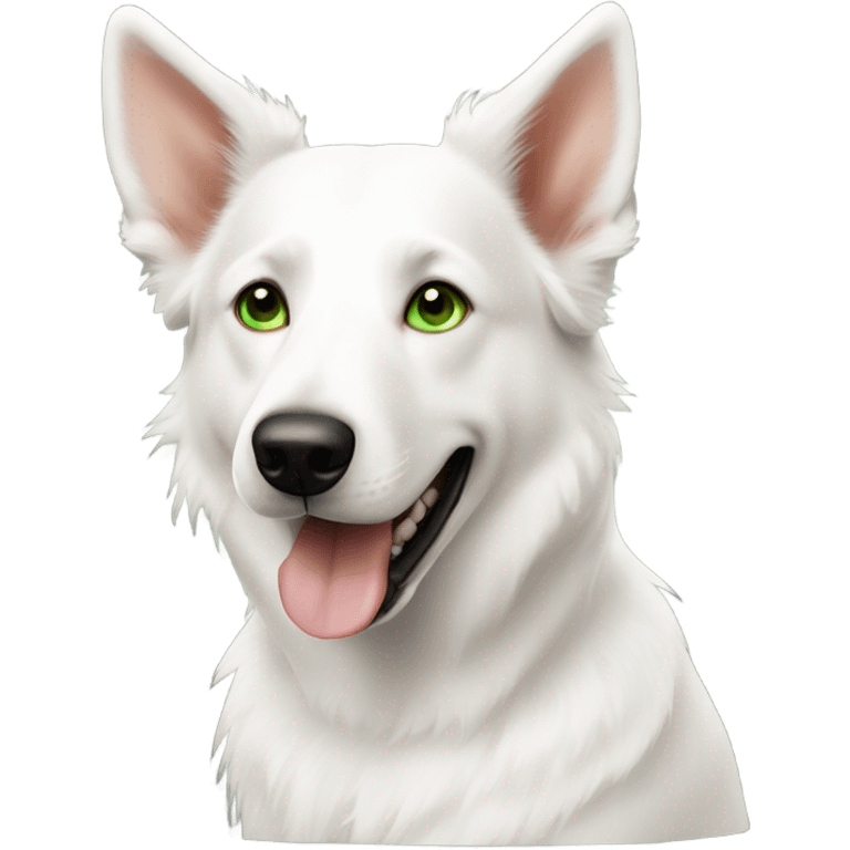 White swiss shepherd dog with green eyed chestnut haired woman emoji