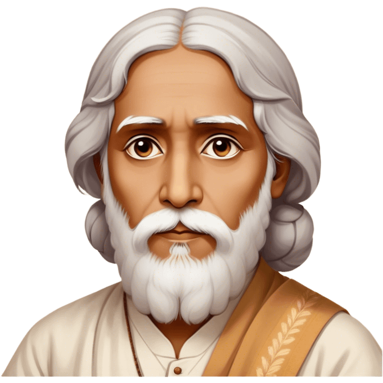 Rabindranath Tagore – Cinematic Realistic Portrait of Rabindranath Tagore, depicted with thoughtful, soulful eyes and gentle features, dressed in traditional Bengali attire with subtle artistic motifs, bathed in warm, soft lighting that evokes his poetic genius and timeless wisdom. emoji