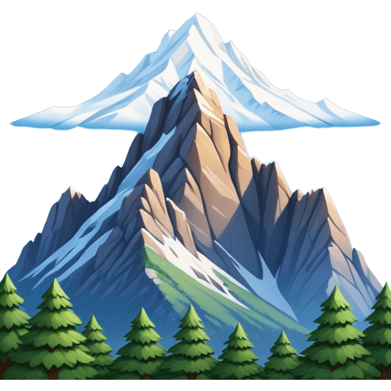 Cinematic Realistic Mountain Emoji, Majestic and towering, with craggy, snow-capped peaks rising sharply against a deep blue sky. The rugged terrain is dotted with rocky outcrops and patches of greenery, with clouds swirling around the higher reaches. Soft glowing outline, capturing the essence of ancient strength and natural beauty in a towering mountain! emoji