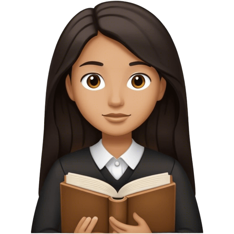 The same face with long hair black and brown with a book in hand emoji