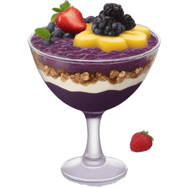 Açaí in a clear cup with layers of fruits and granola and condensed milk emoji