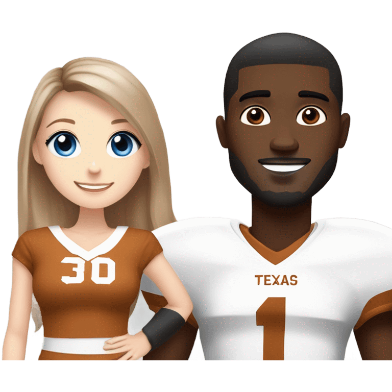 Beautiful girl, pale skin, blue eyes, long straight beautiful light brown hair, wearing Texas Longhorn football cheerleading uniform, standing next to one handsome black man with short black hair wearing Texas longhorn football jersey emoji