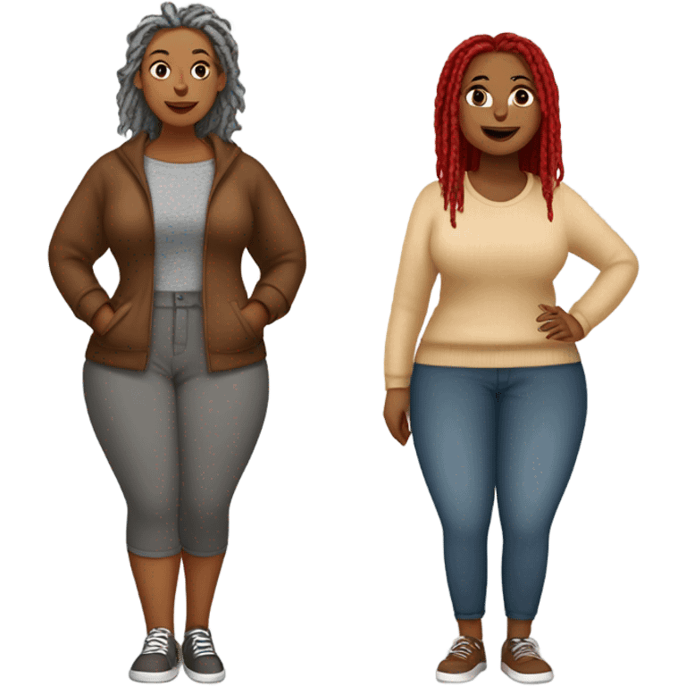 Curvy woman with gray locs wearing pants , other curvy woman is brown with red locs in a knee-length dress with a cozy sweater, shopping emoji