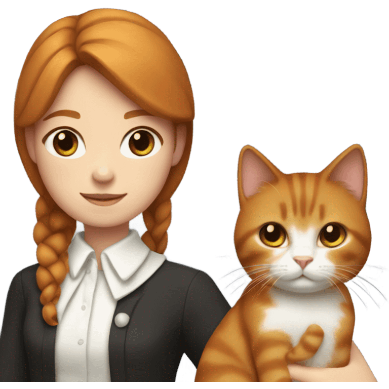 A girl with chestnut hair and a light parting holds a ginger cat with a white collar in her arms emoji