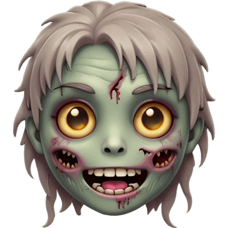 Cinematic Cute Zombie Portrait Emoji, with a delightfully quirky, slightly disheveled face in muted ashen hues, featuring quirky bright eyes and a playful, stitched-together smile, simplified yet irresistibly charming, highly detailed with a soft glowing outline that captures the adorable, offbeat spirit of a zombie who’s more cute than creepy! emoji