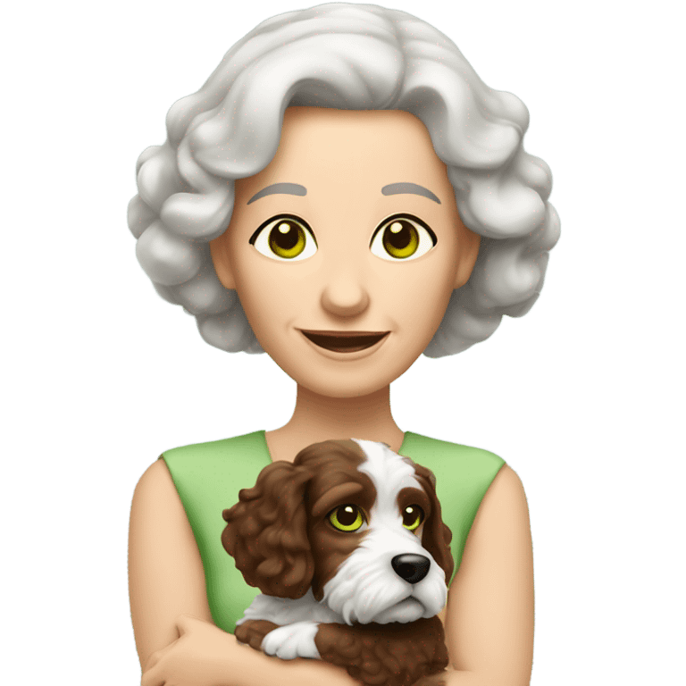 Green eyed old brunette lady with brown and white Cockapoo puppy dog emoji