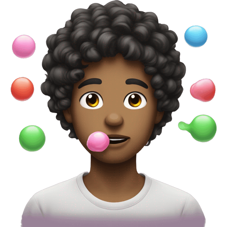 white teen boy with black curly hair blowing bubblegum in mouth emoji