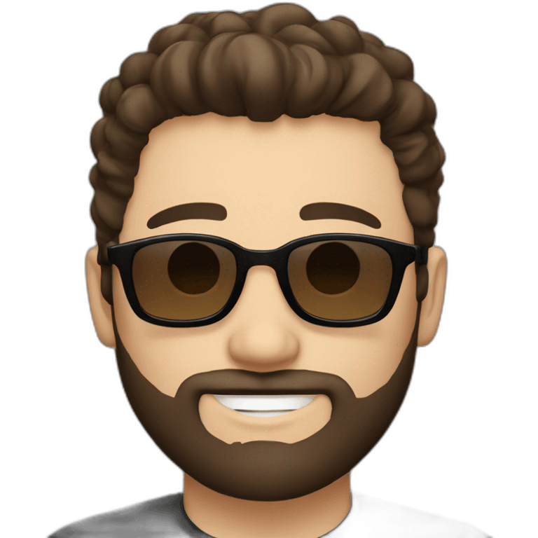 person short dark brown hair, goatee style beard with sunglasses. White background, simple black tshirt. smiling. white skin emoji