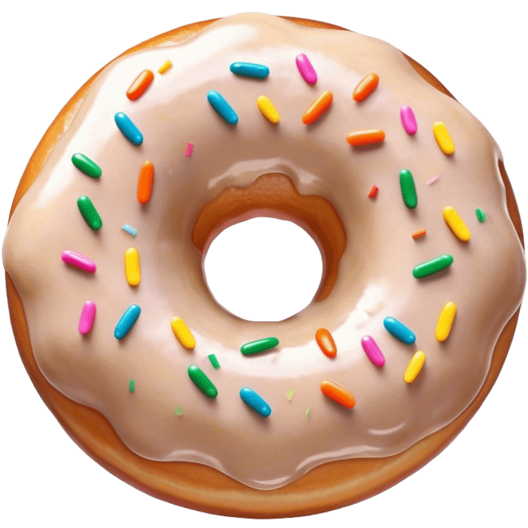 Cinematic Realistic Donut Dessert Emoji, depicted as a fluffy glazed donut with colorful sprinkles rendered with detailed textures and playful, warm lighting. emoji