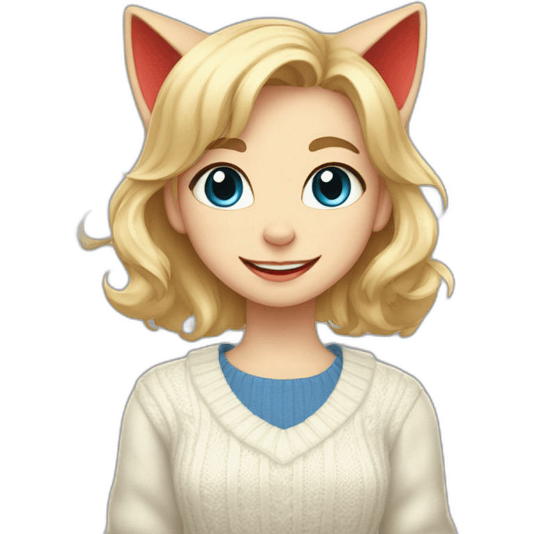 blonde-haired cat girl massive bright red eyes, cat smile, wearing a white sweater and a blue skirt emoji