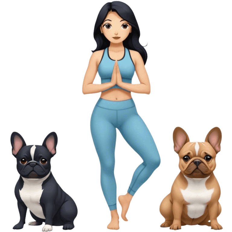 latin woman in yoga outfit with long black hair standing alongside two French bulldogs  emoji