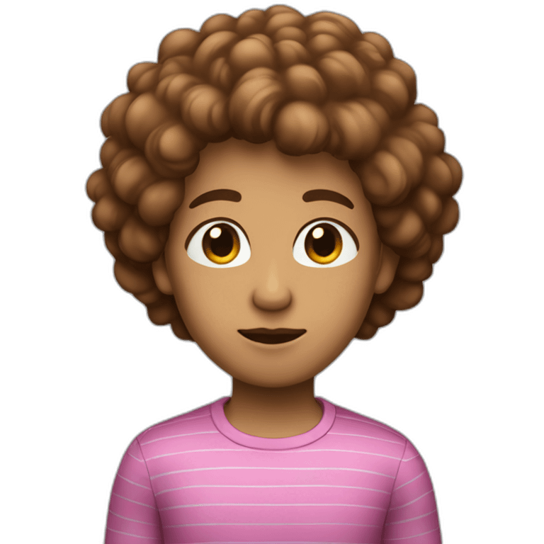 a human with brownpuffy  hair, a blue shirt with two pink stripes on it black pants and eyes-closed and mouth straight emoji